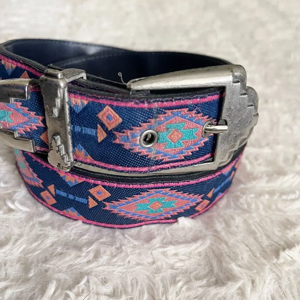 Vintage Nuovo Blue Pink Western Belt Southwestern Boho Silver Buckle 27.5 - 31.5